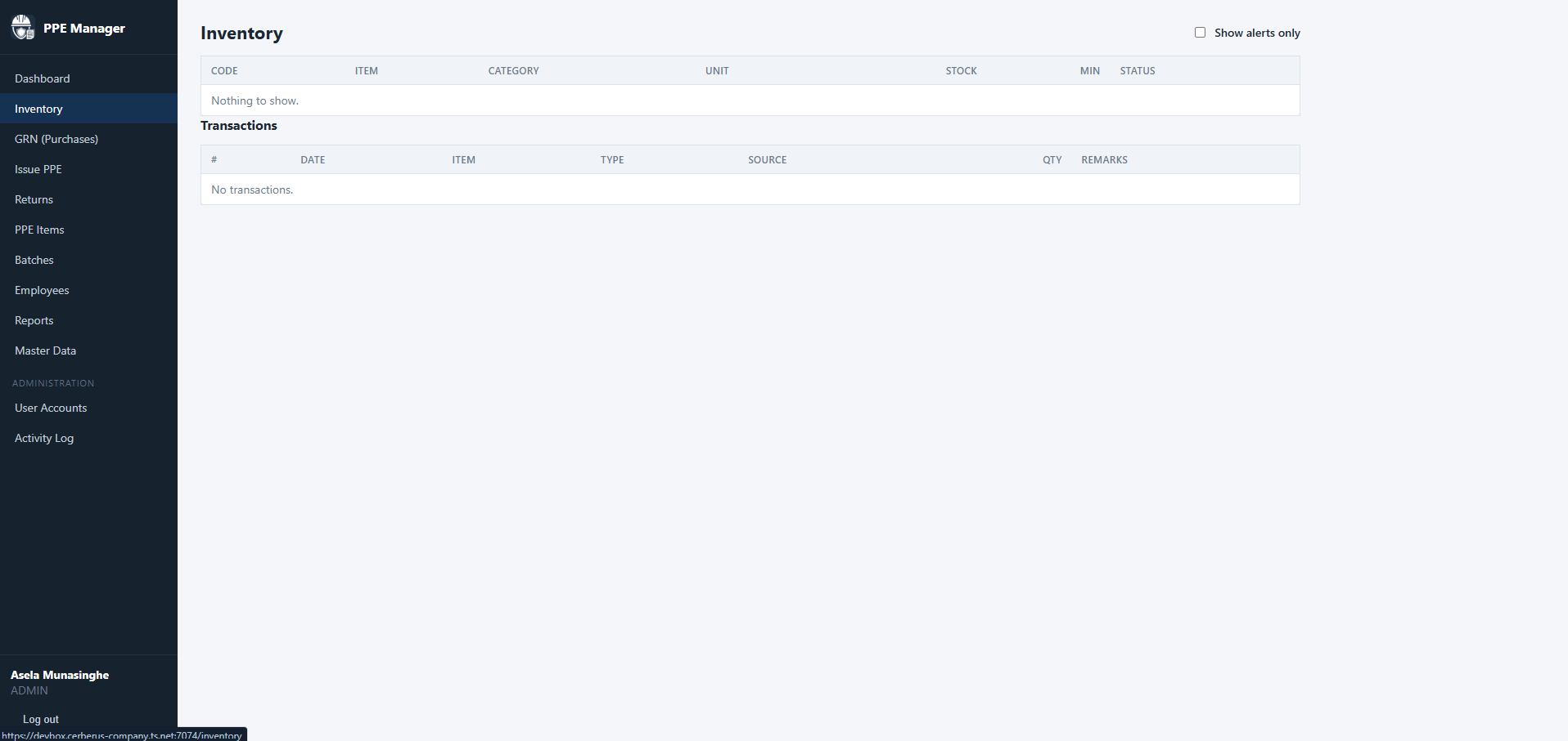 PPE Management System inventory screen