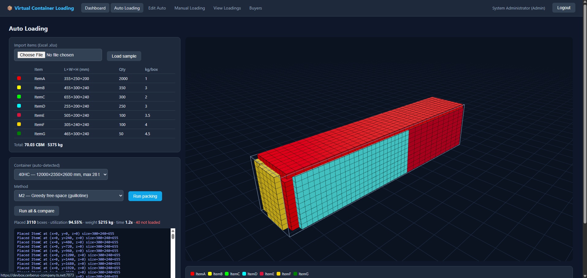 Virtual Container Loading 3D packing view